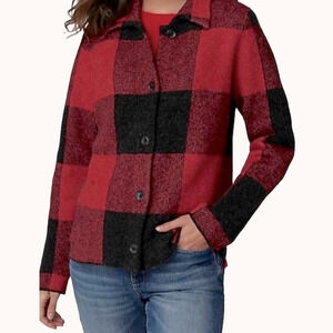 J.Jill Women’s Plaid Wool Blend Jacket L Red Black Buffalo Check Cozycore